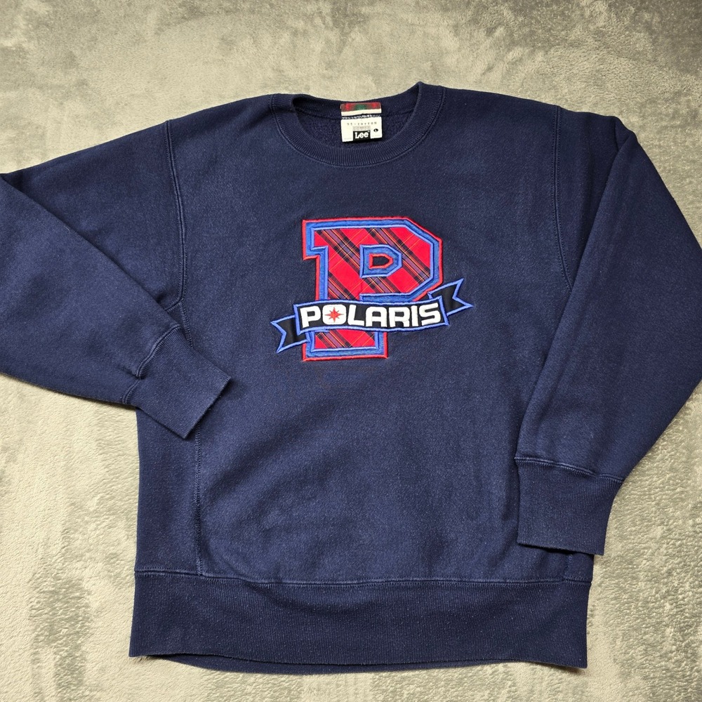 Vintage Lee Cross Grain Polaris Sweatshirt Mens Large Navy Blue Plaid Logo USA